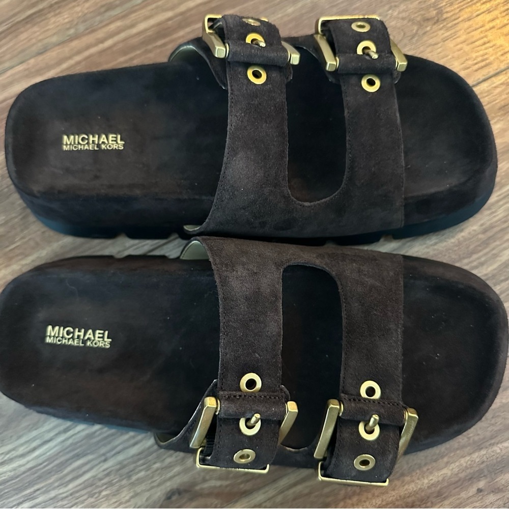 Michael Kors Colby Suede Dark Brown Sandals with Gold Accents - Picture 5 of 6